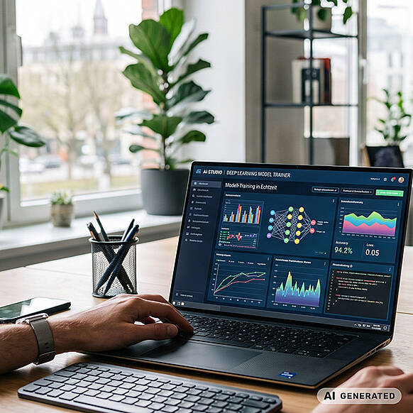 Opens page 'KI verstehen, bewerten und verantwortungsvoll einsetzen' AI generiertes Foto eines Laptops beim AI Training